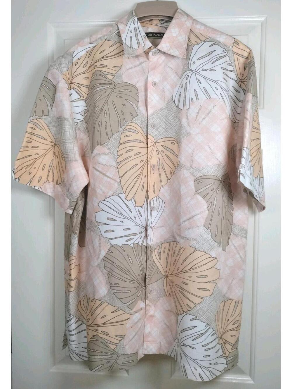 Cubavera Men’s Large Linen Blend Tropical Monstera Leaf Print Shirt Peach Tan L